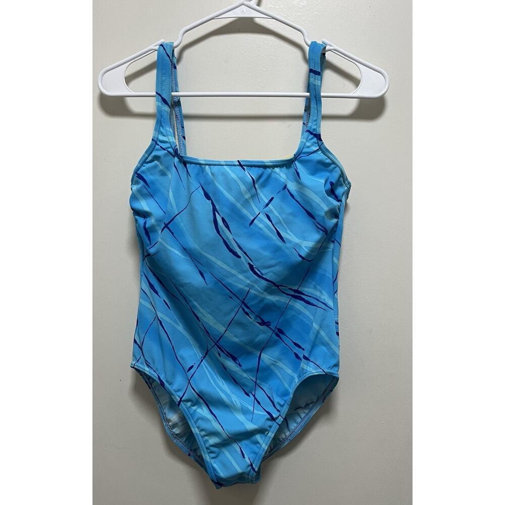 Lands End Women's Sky Blue Floral Diagonal Stripes One Piece Swimsuit Size 12